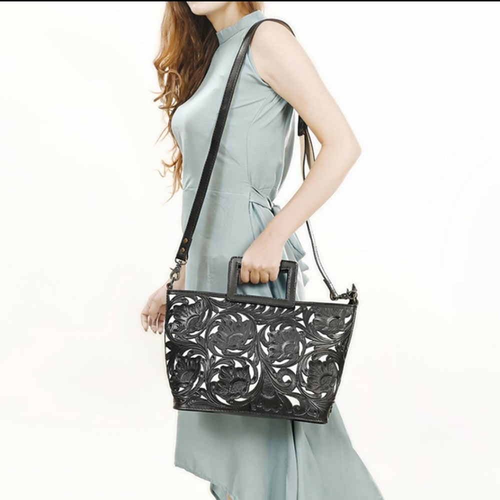 Women tote leather bag Floral Lace Detail