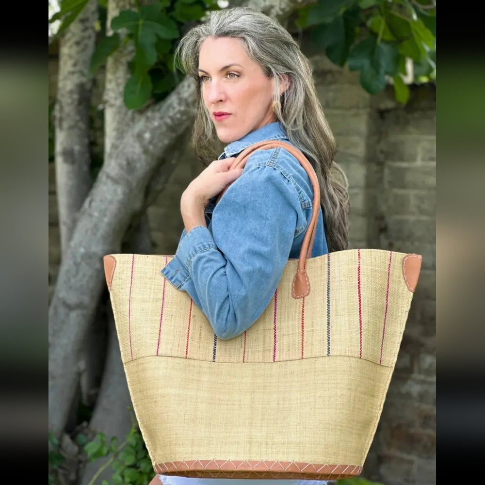 Two Tone Pinstripes Large Straw Tote Bag