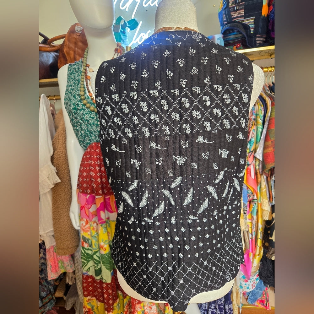 Boho black white feather floral patchwork quilt stitch vest