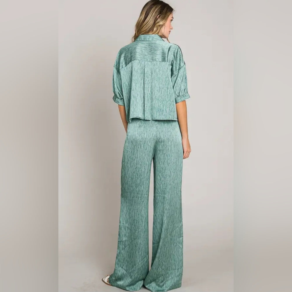 Stylish Green Satin Two-Piece Set