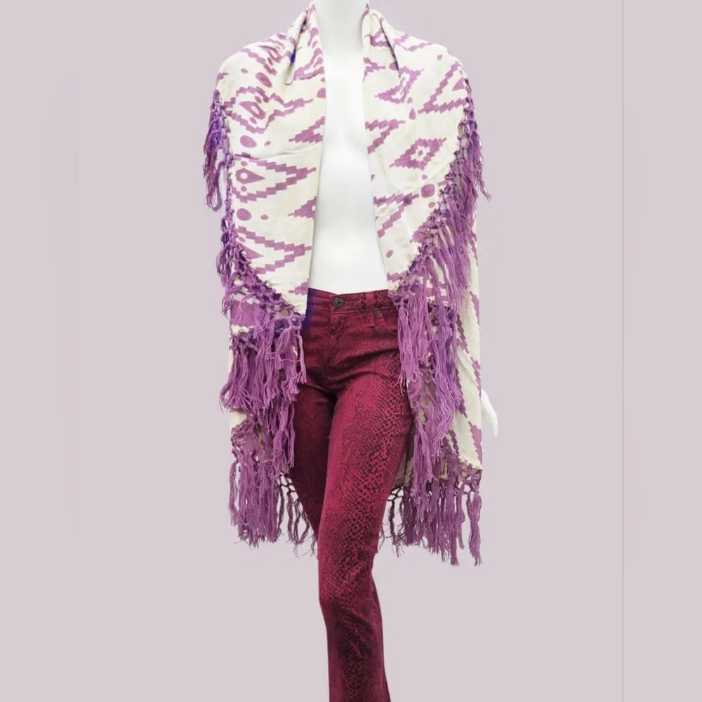 Purple and Cream Poncho with Fringe