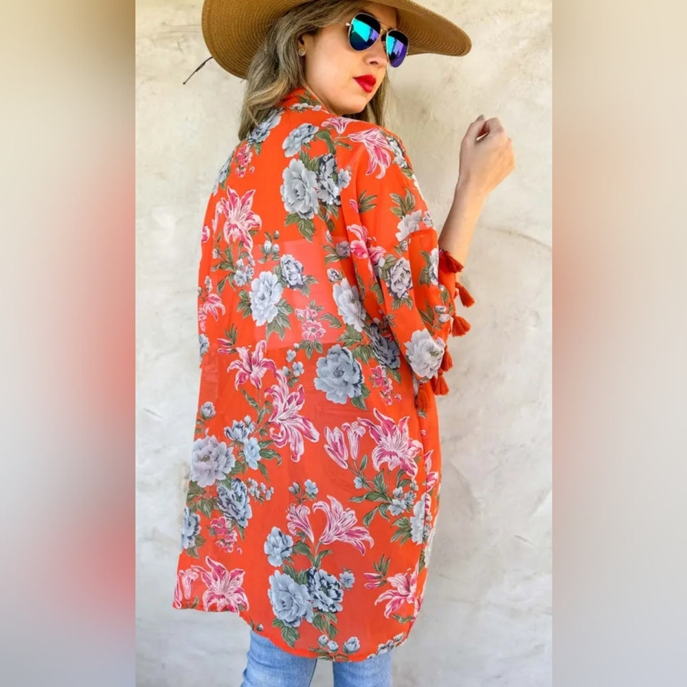 Floral Kimono Cardigan CORAL