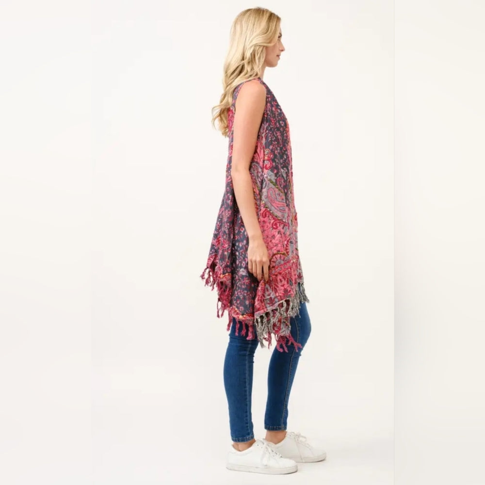 Pink and Blue Paisley Fringe Kimono Cardigan Vest
