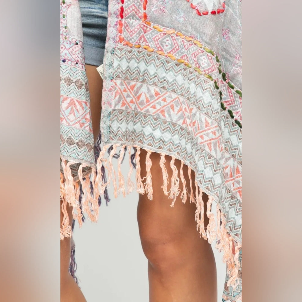 Gray Sleeveless Vest Kimono Cardigan with Fringe and Pink Accents