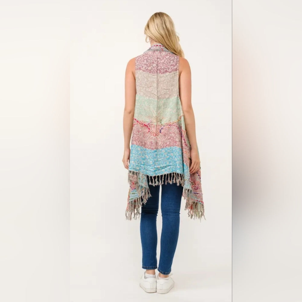 Multicolor Sleeveless Fringe Cardigan Vest Kimono