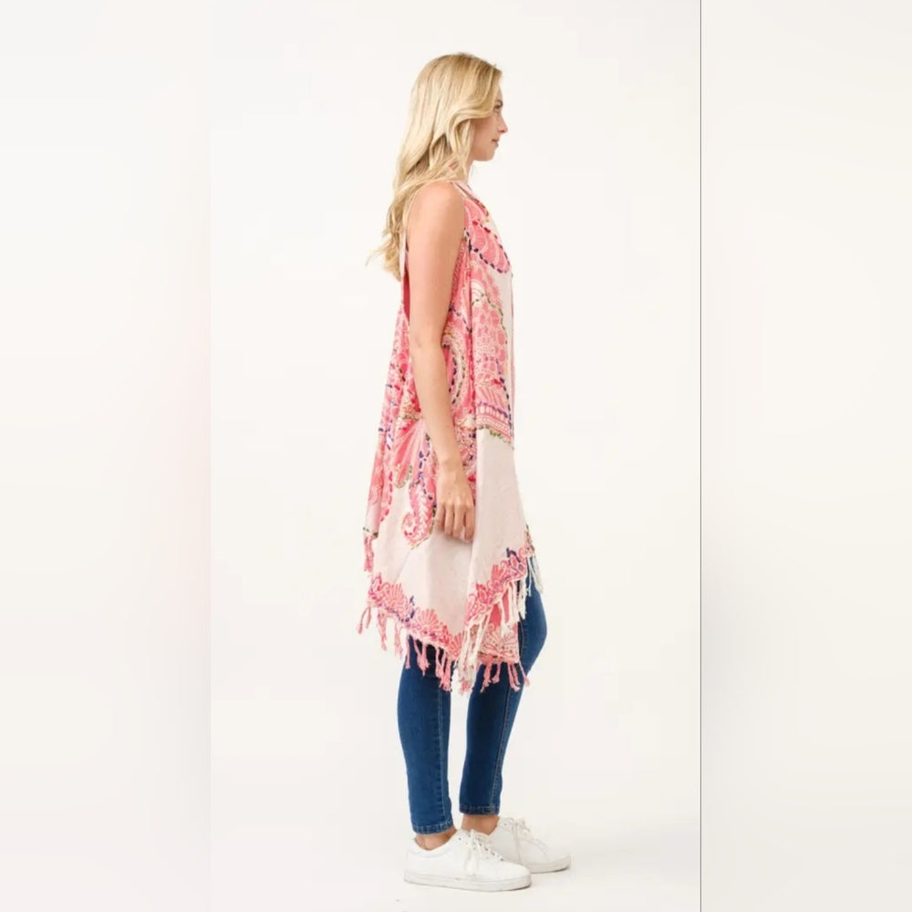 Pink and White Sleeveless Fringe Cardigan Vest Kimono