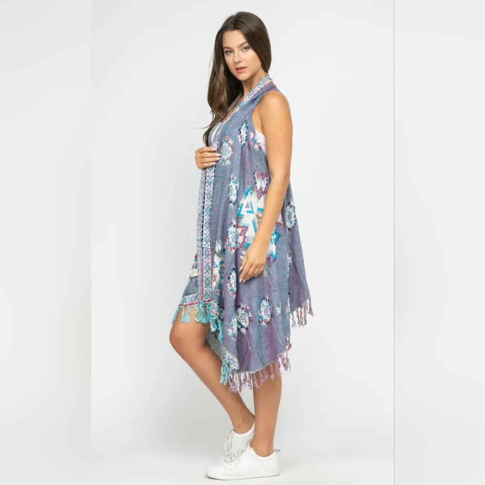 Bohemian Blue Sleeveless Kimono Cardigan Vest
