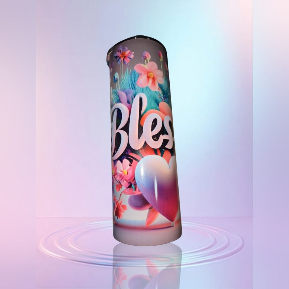 Colorful Tumbler with Floral and Heart Design