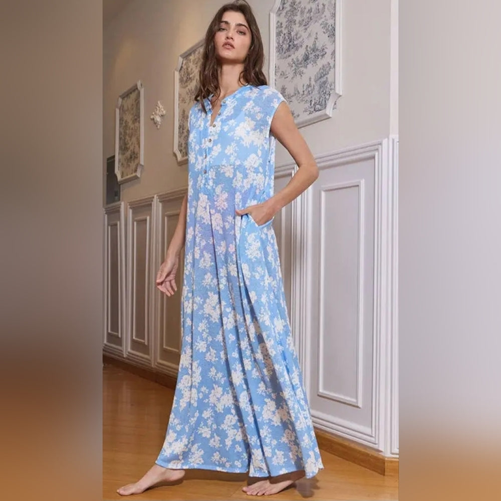 Floral Blue Sleeveless Jumpsuit