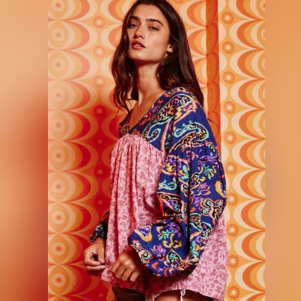 Bohemian Pink and Blue Patterned Women's Top