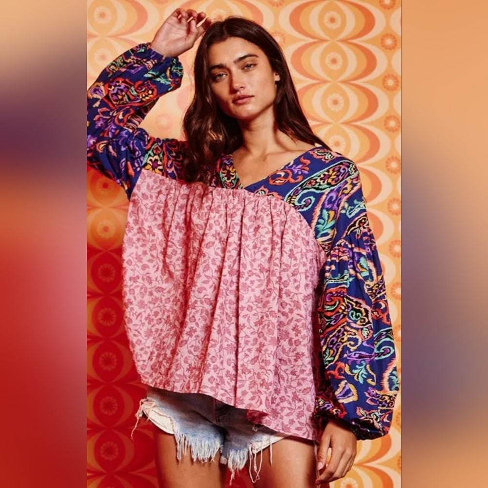 Bohemian Pink and Blue Patterned Women's Top