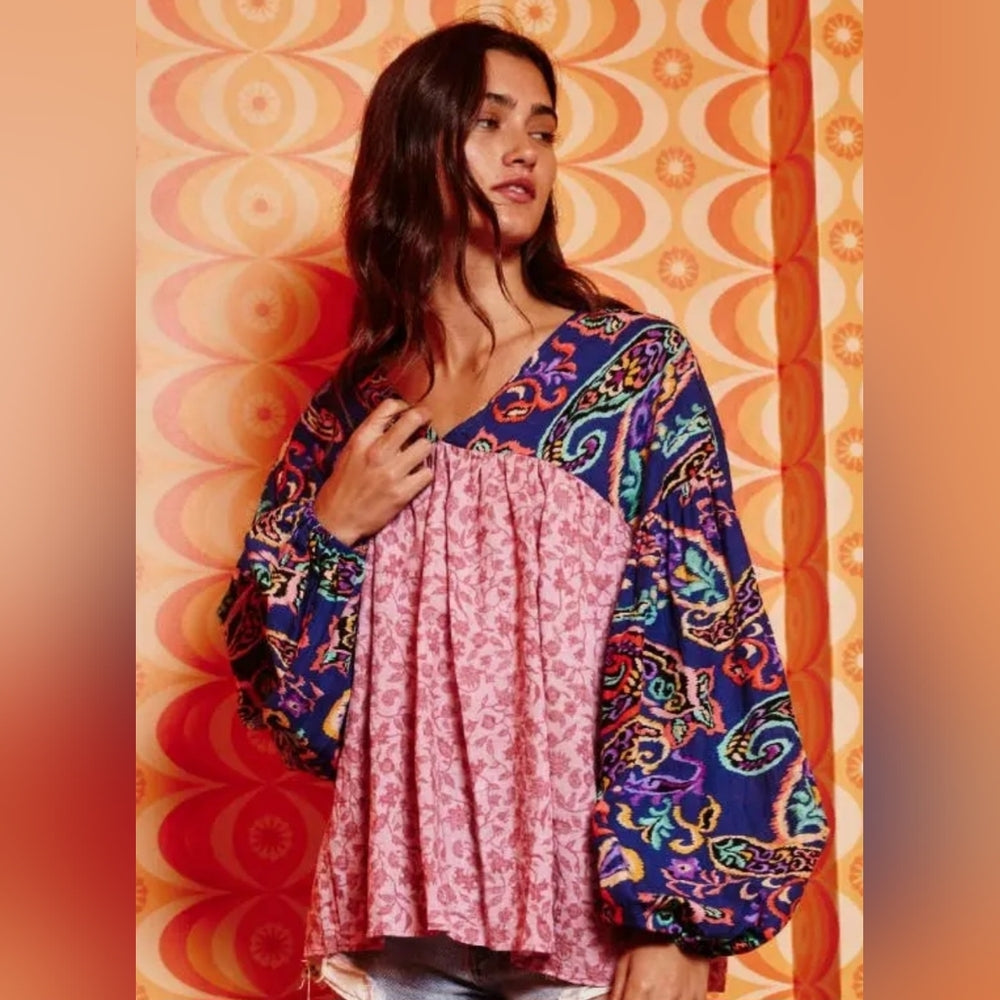 Bohemian Pink and Blue Patterned Women's Top