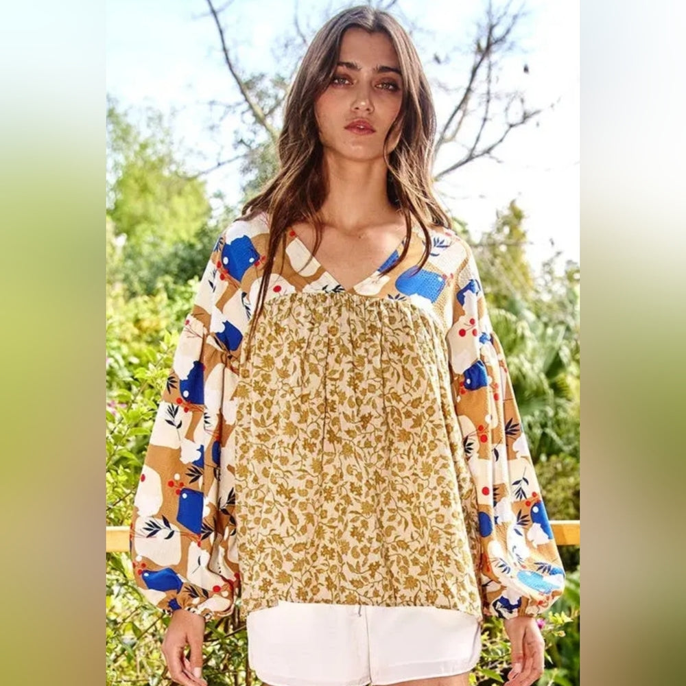Floral and Geometric Patterned Women's Top