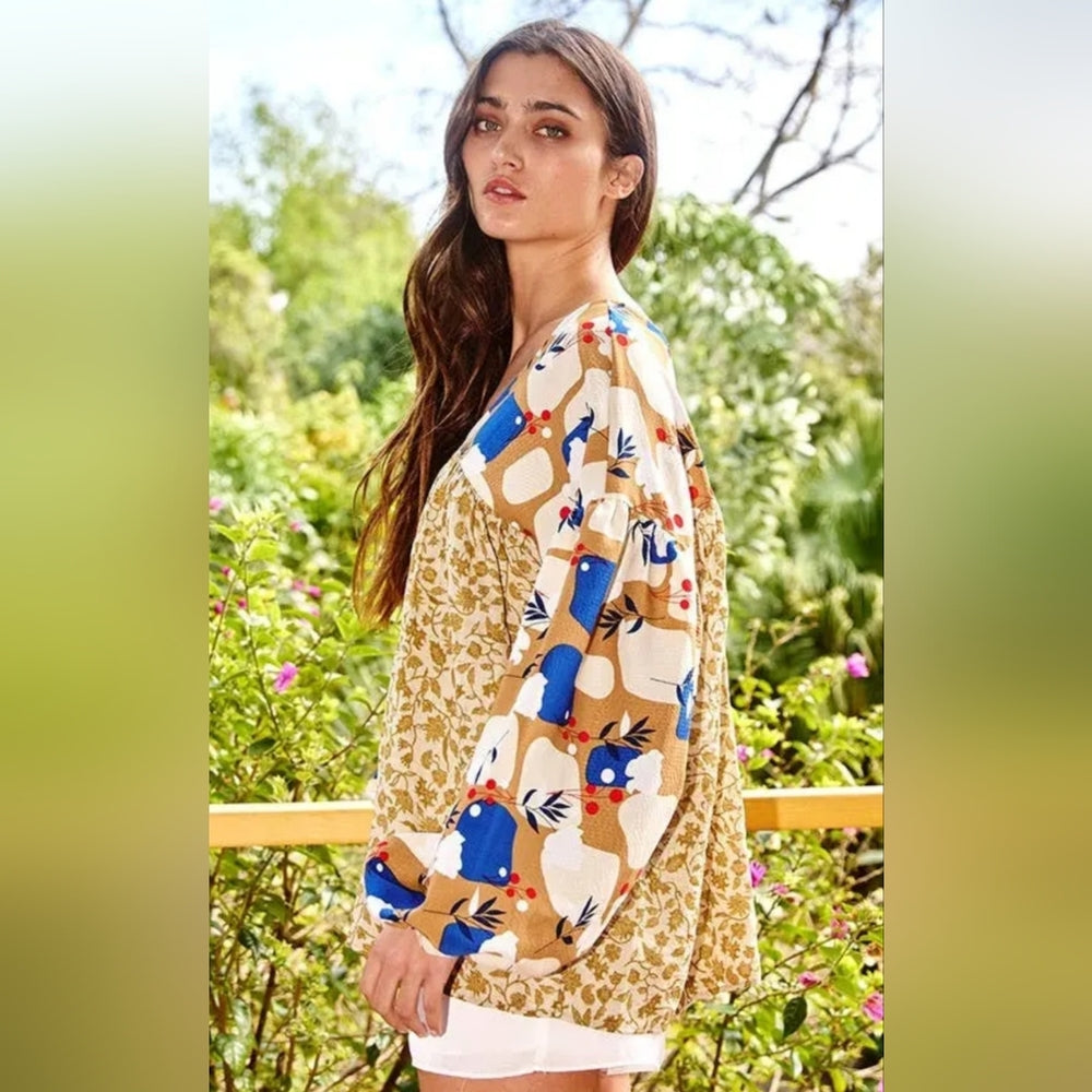 Floral and Geometric Patterned Women's Top