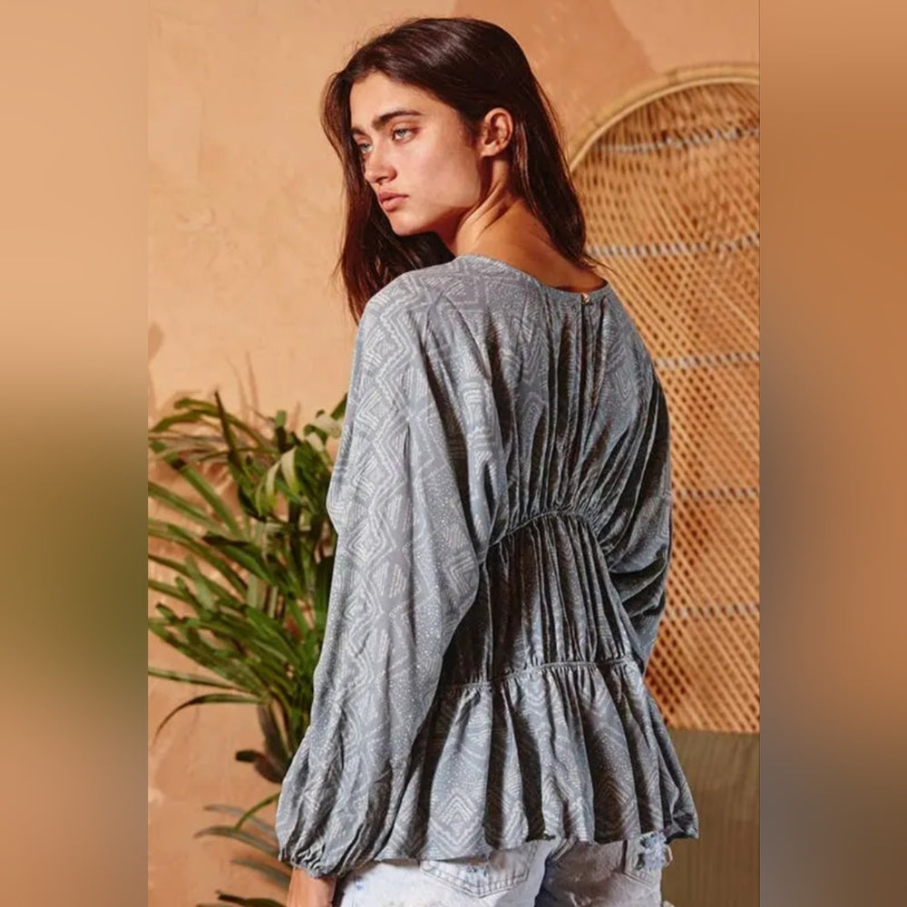 Blue Relaxed Ruched Blouse with Billowy Sleeves