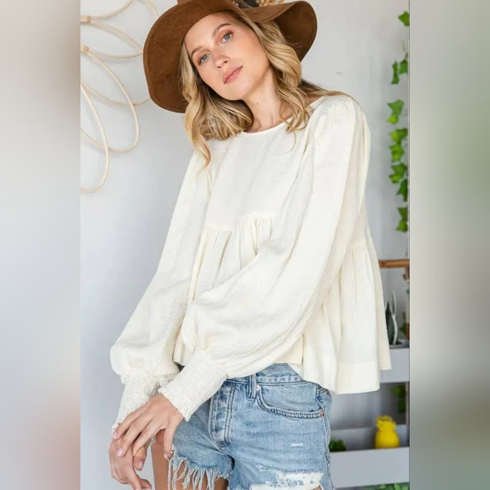 Cream Ruffled Long Sleeve Boxy Blouse