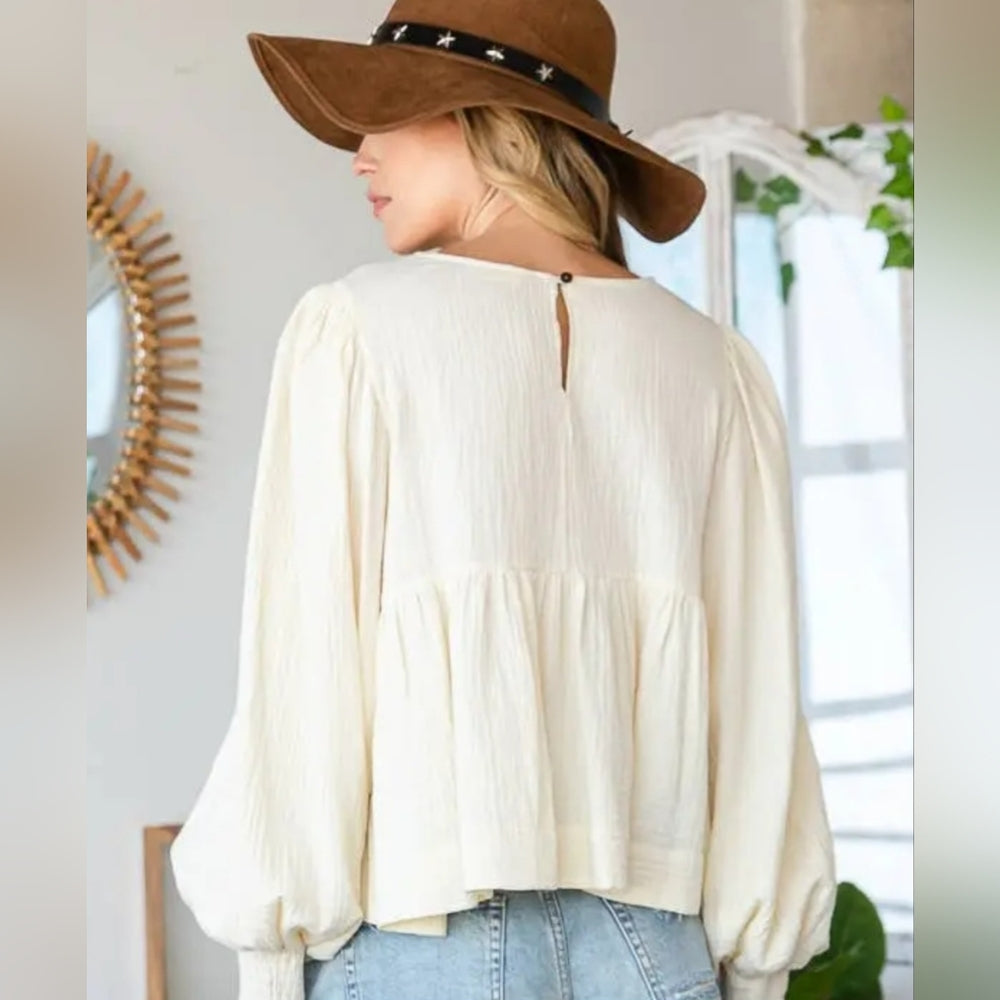 Cream Ruffled Long Sleeve Boxy Blouse