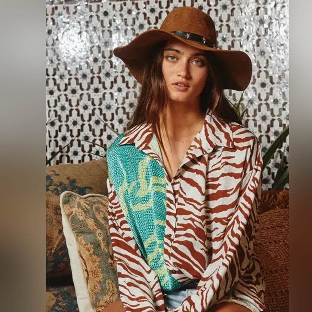Brown and Green Zebra Print Women's Top