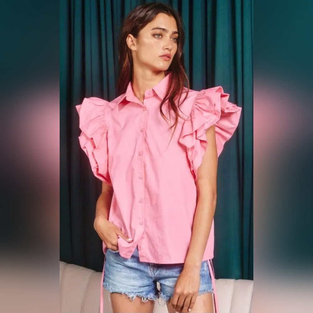 Pink Ruffle Sleeve Women's Top