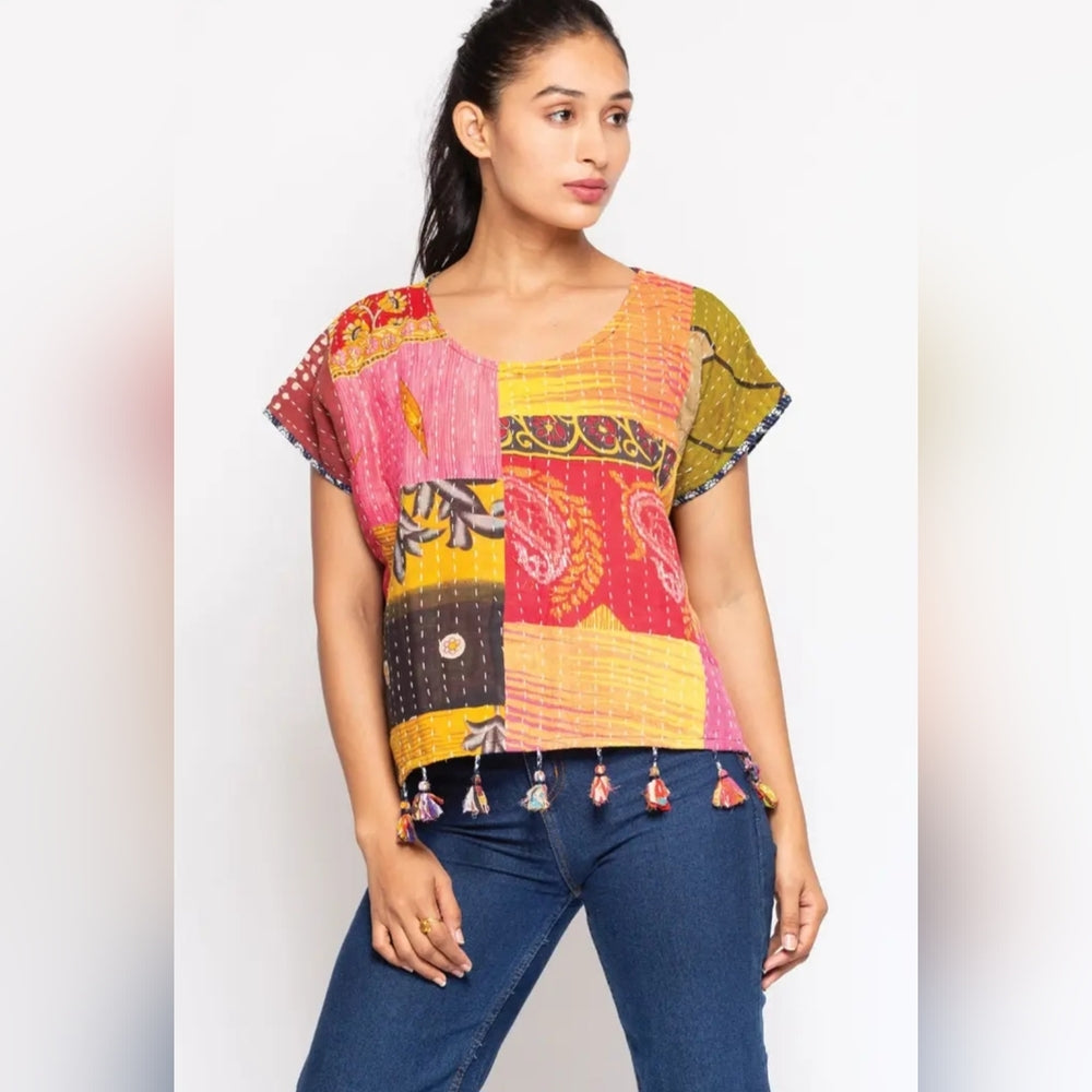 Kantha Vibrant Pink and Orange Women's Kantha Embroidery Top