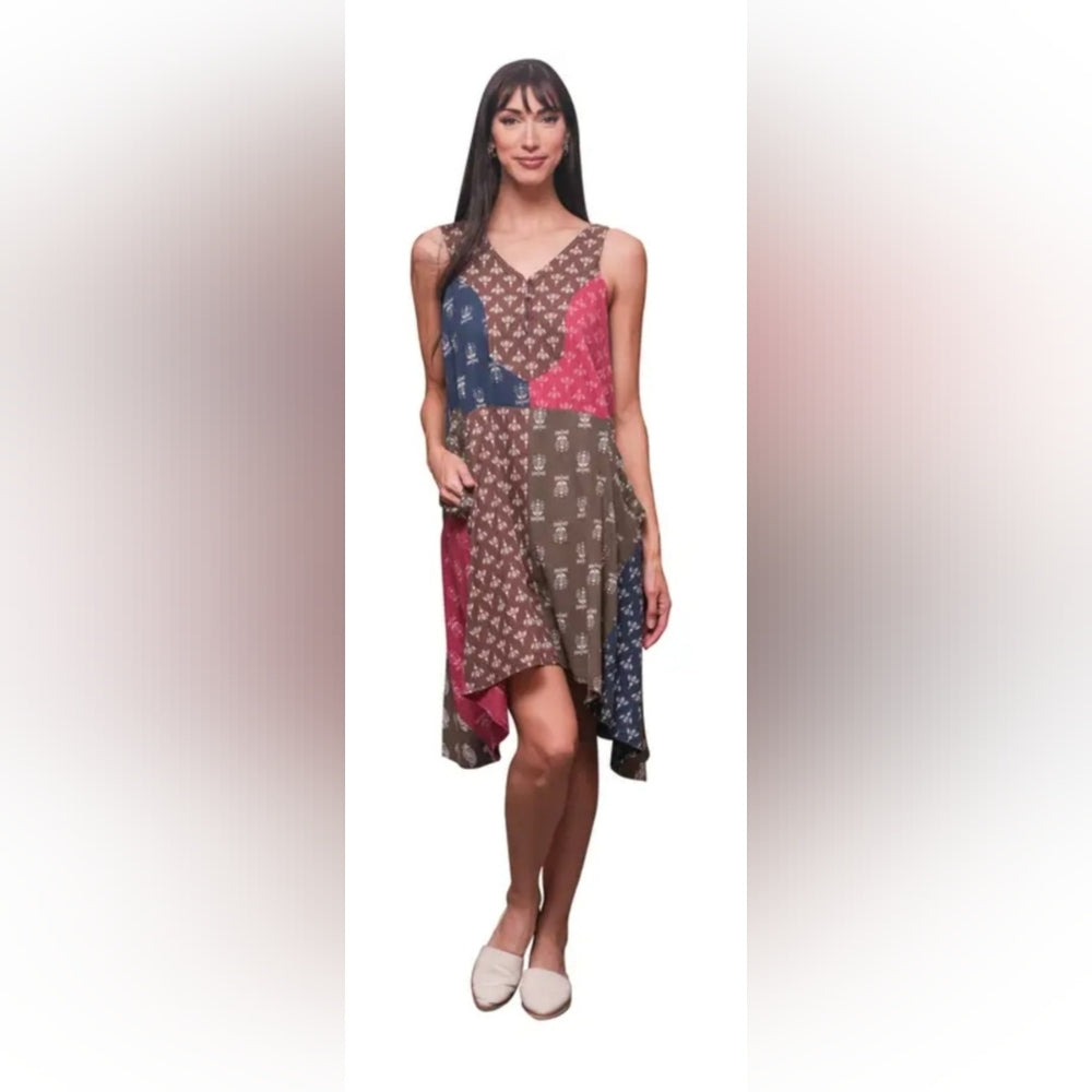 Sacred Threads Asymmetrical Patchwork Dress - Red, Blue, Brown