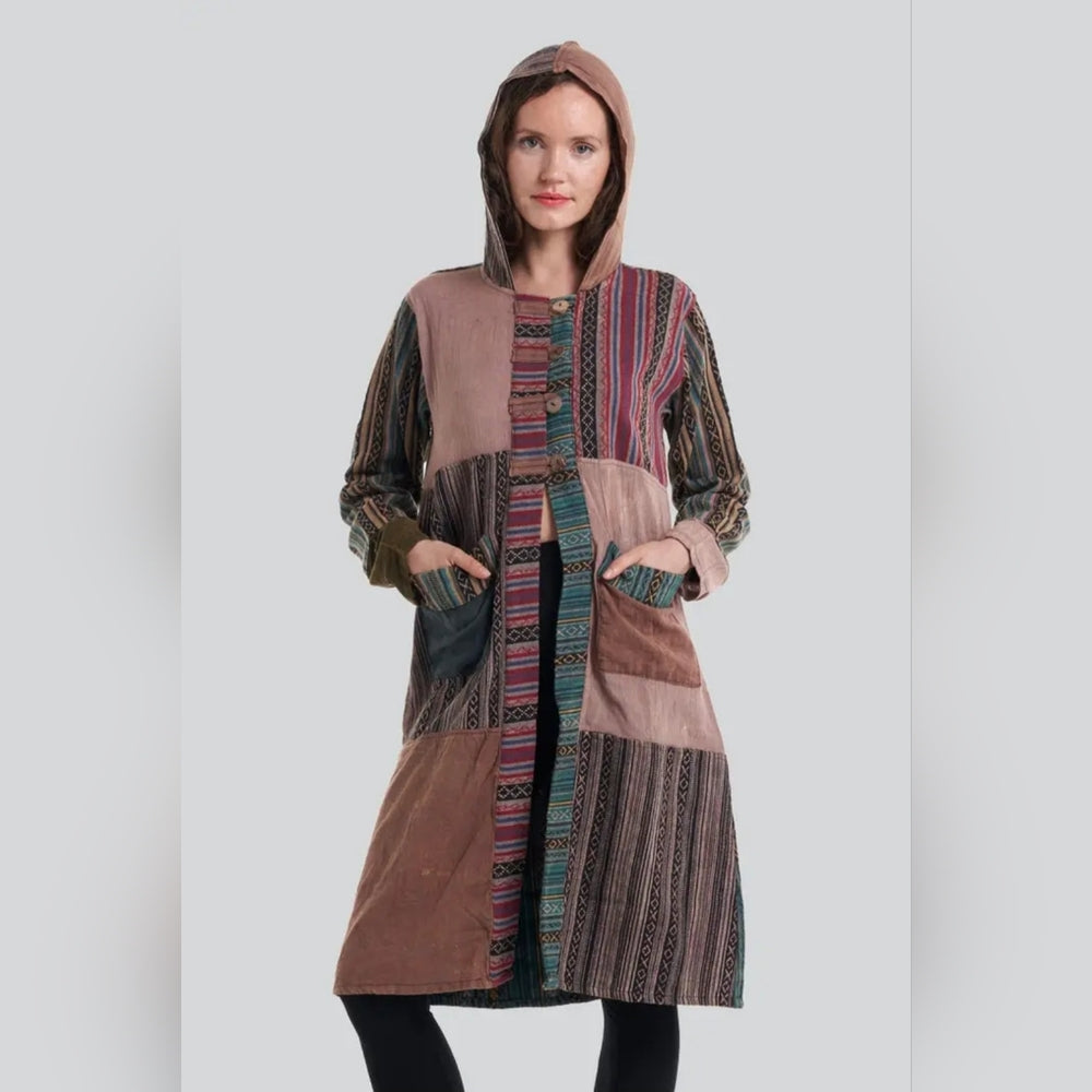 Multicolor Patchwork Hooded Coat