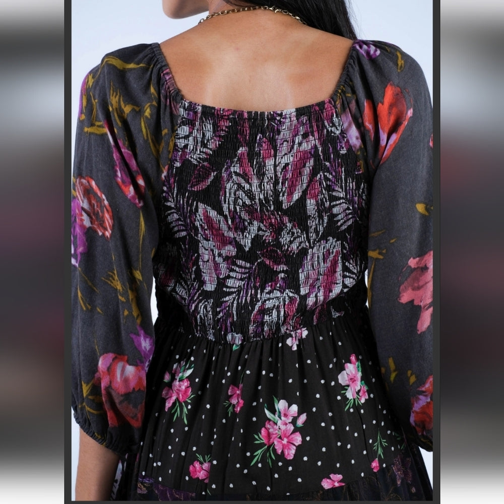 Boho Floral Black and Purple Dress