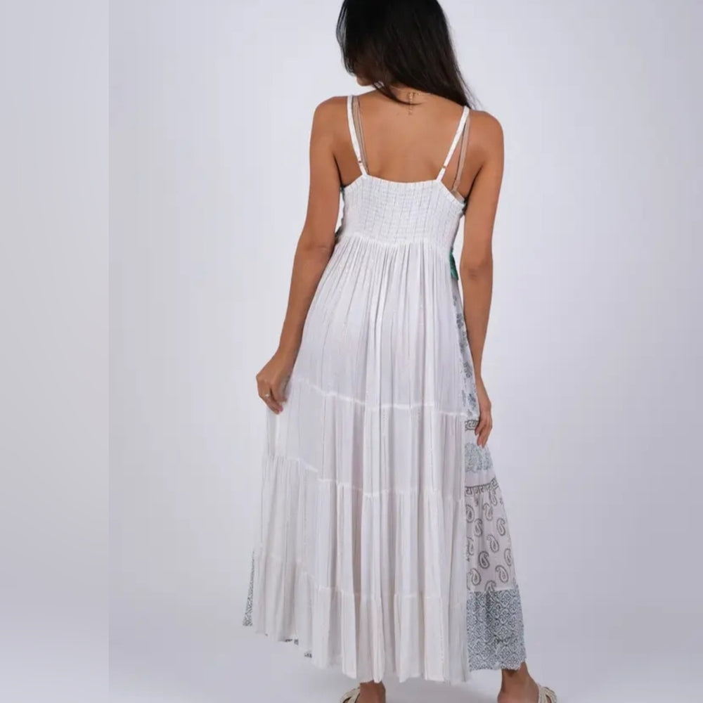 Boho White and Green Maxi Dress