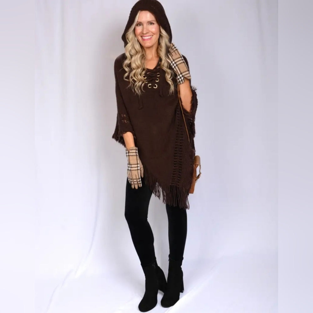 Brown Hooded Poncho with Fringe