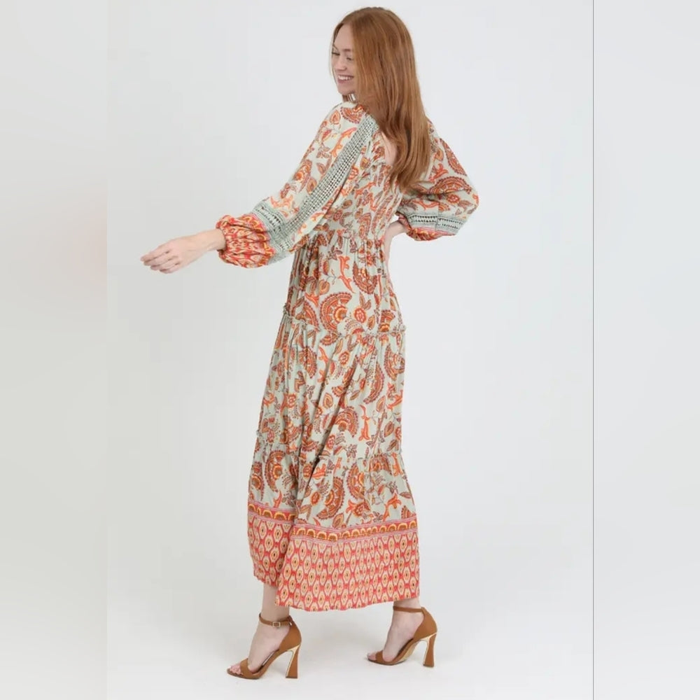 Angie Orange and Cream Paisley Maxi Dress