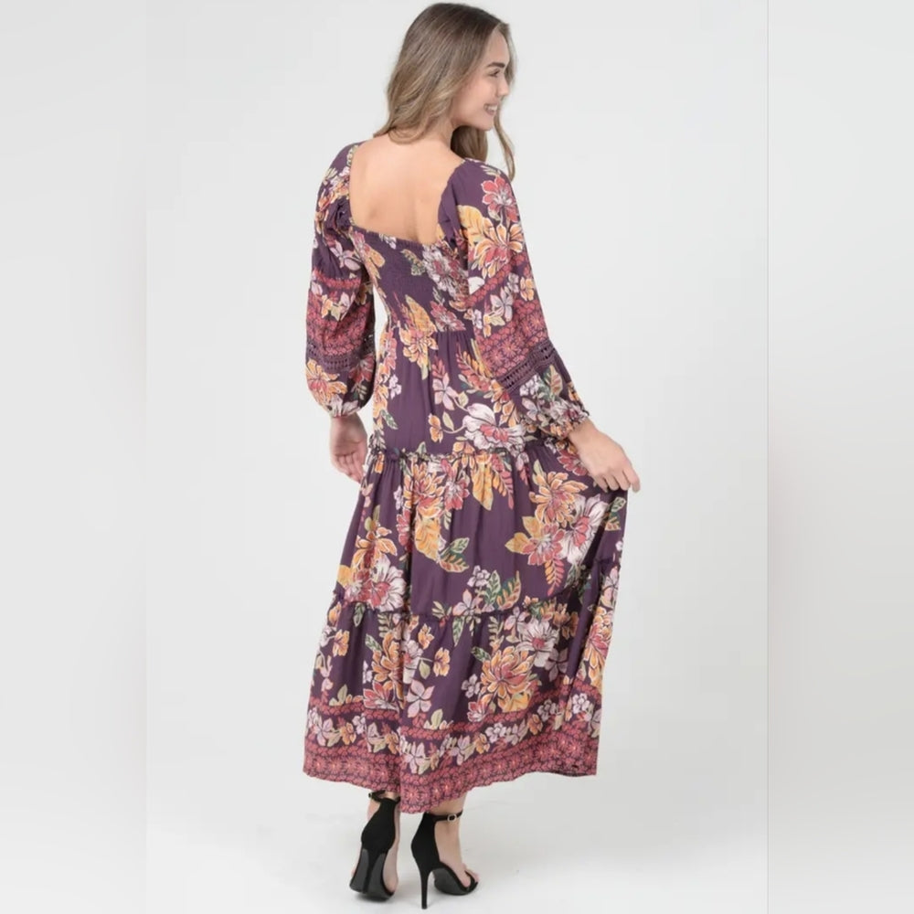 Angie Long Sleeve Floral Dress in Purple and Pink