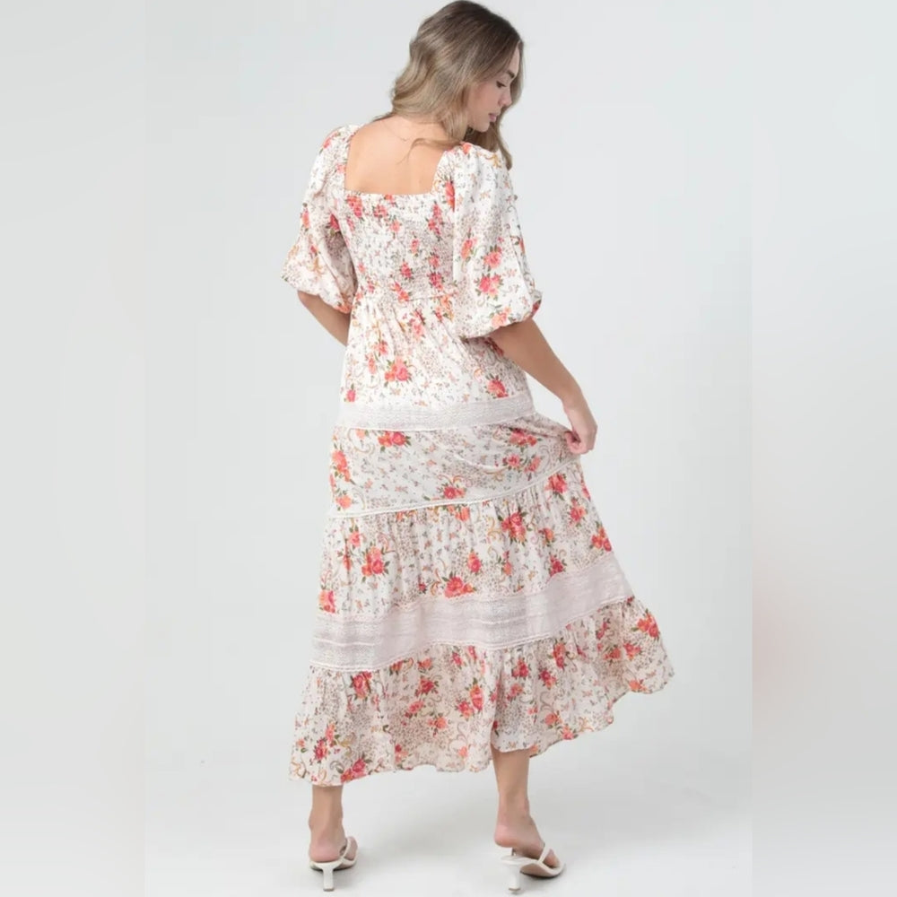 Angie Red and Cream Floral Maxi Dress