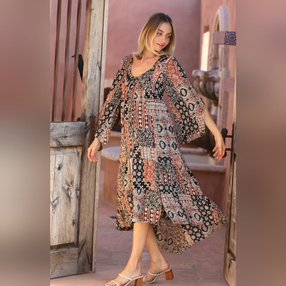 Angie High Low Bohemian Dress in Black and Cream