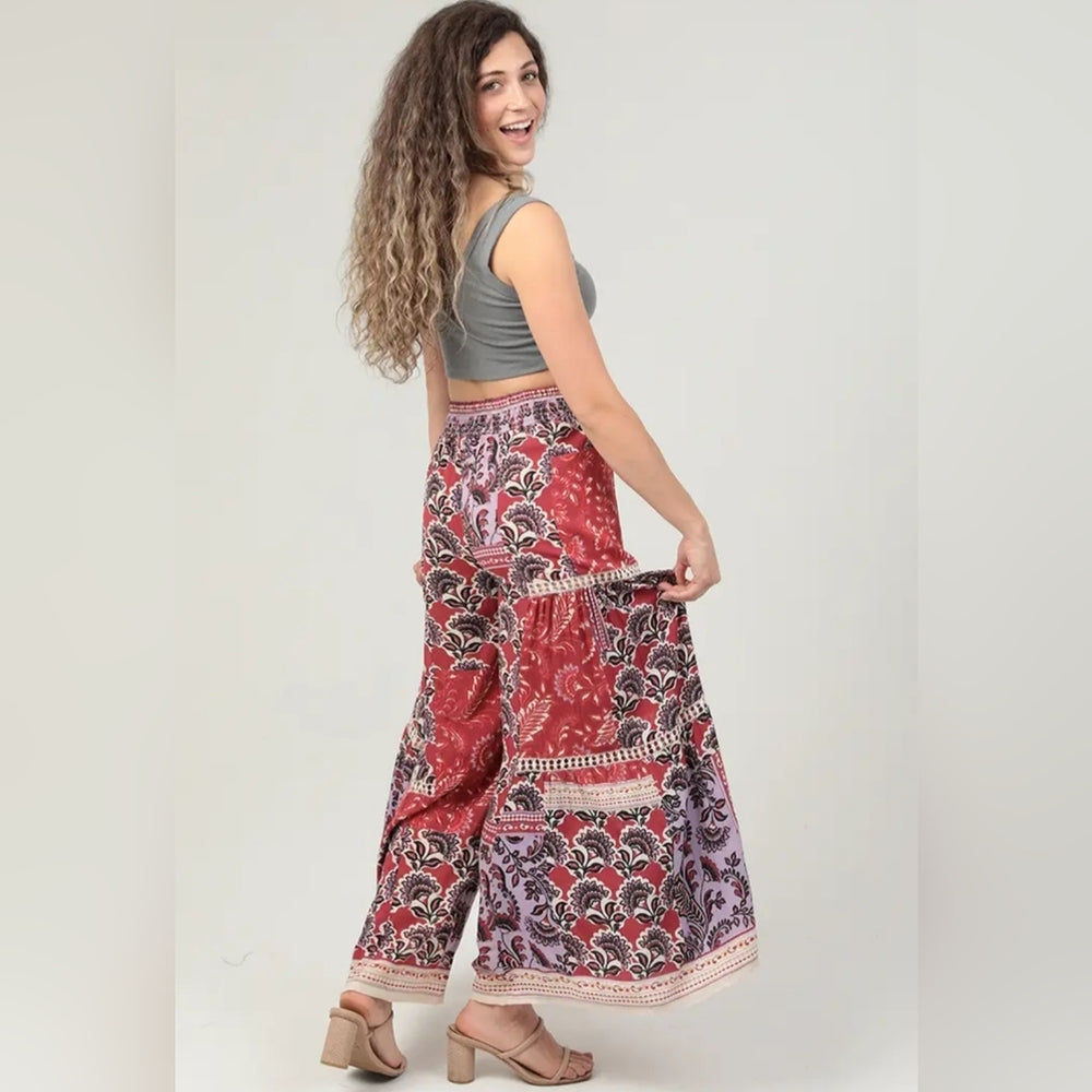Angie Red and Black Floral Wide Leg Pants