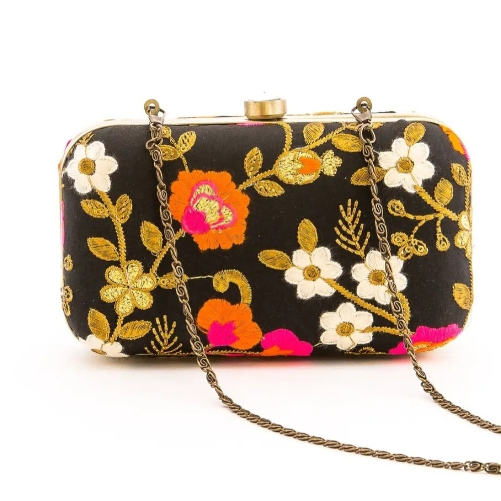 Black Floral Embroidered Clutch with Gold Accents