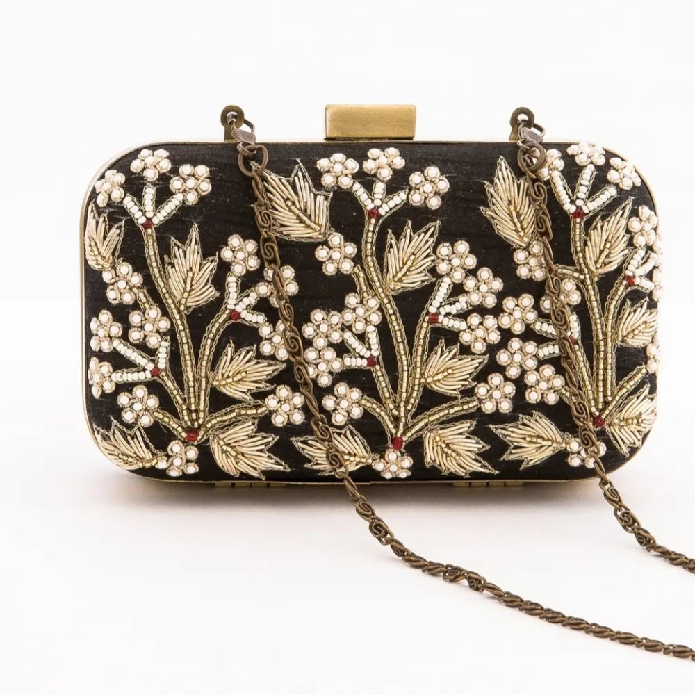 Elegant Black and Gold Embellished Clutch