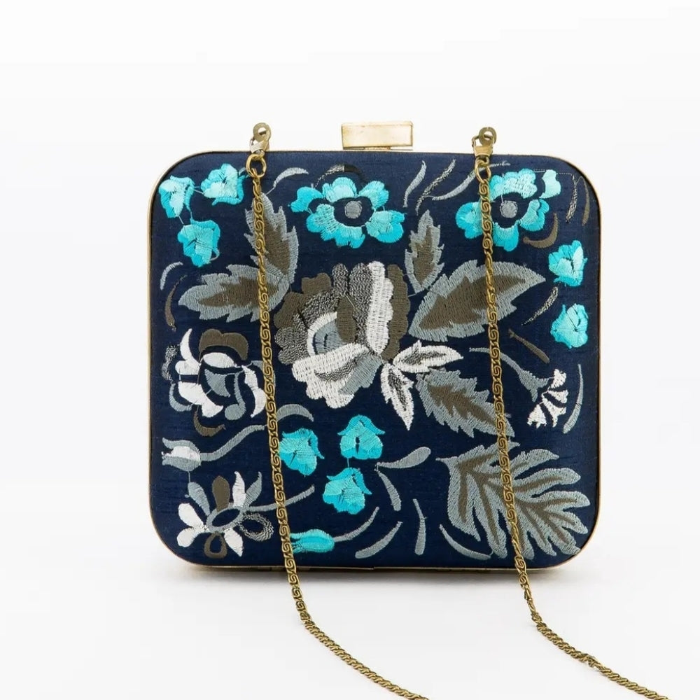 Floral Embroidered Clutch - Blue and Gold