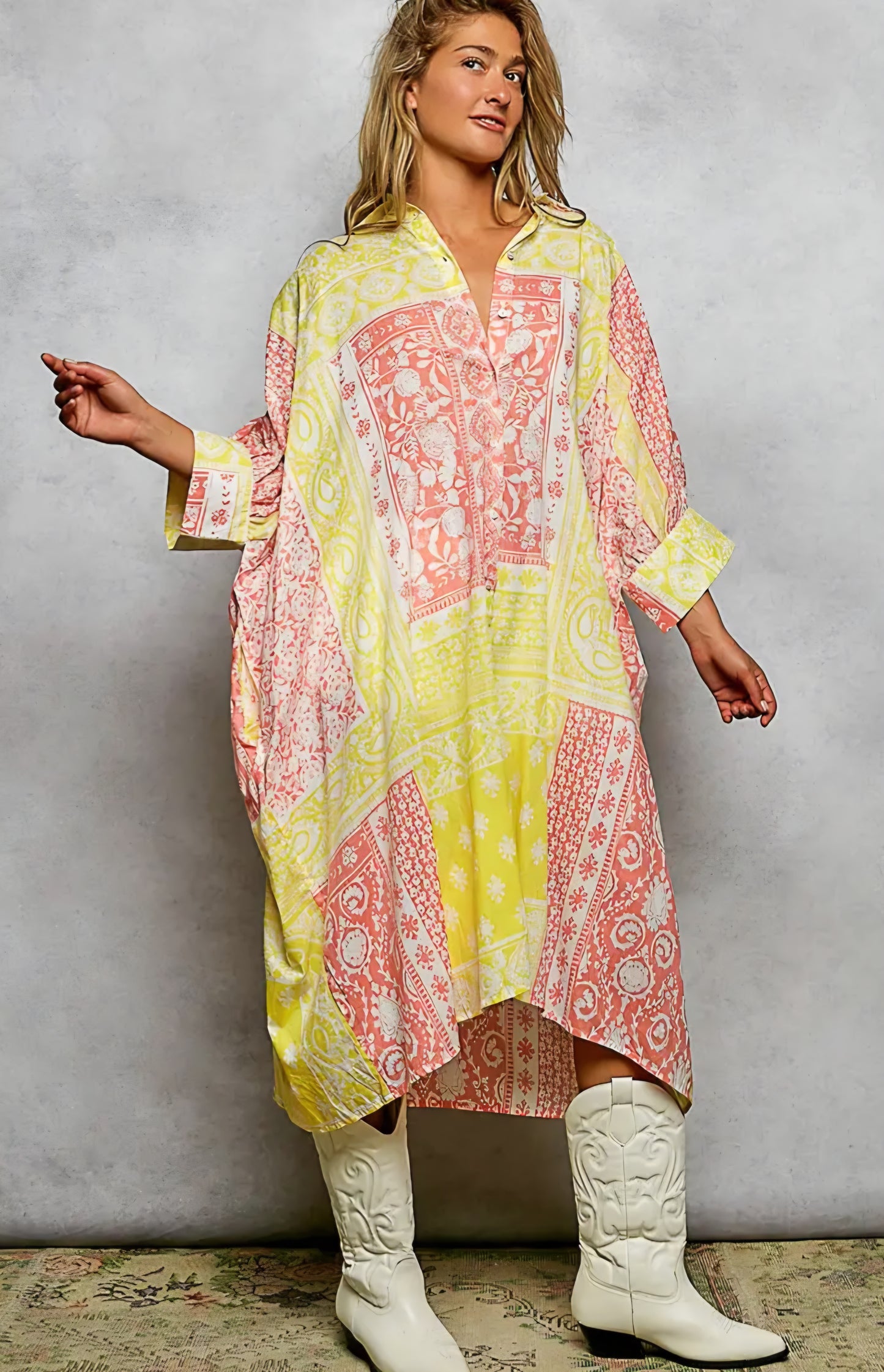 V-Neck Half Sleeve Floral Bold Printed Shirt Dress