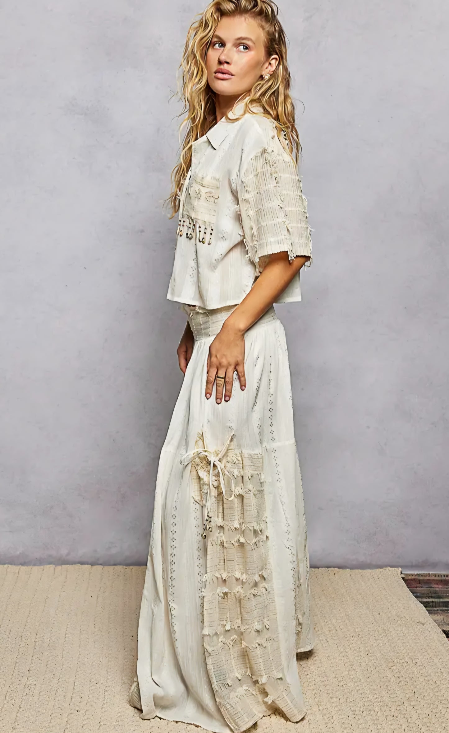 Boho Ruffle Contrast Shell Trim Wide Leg Pants