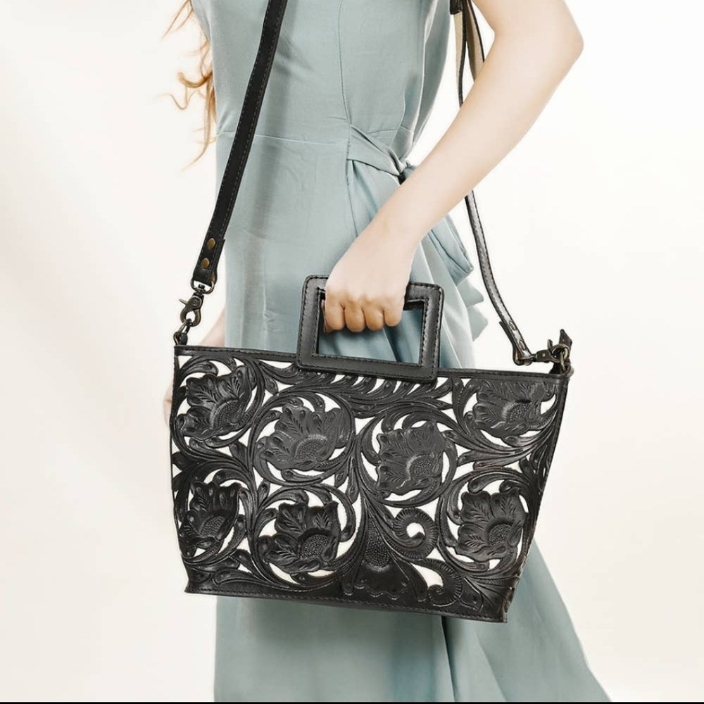 Women tote leather bag Floral Lace Detail