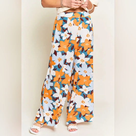 Orange Floral Print Polazzo Summer Pants