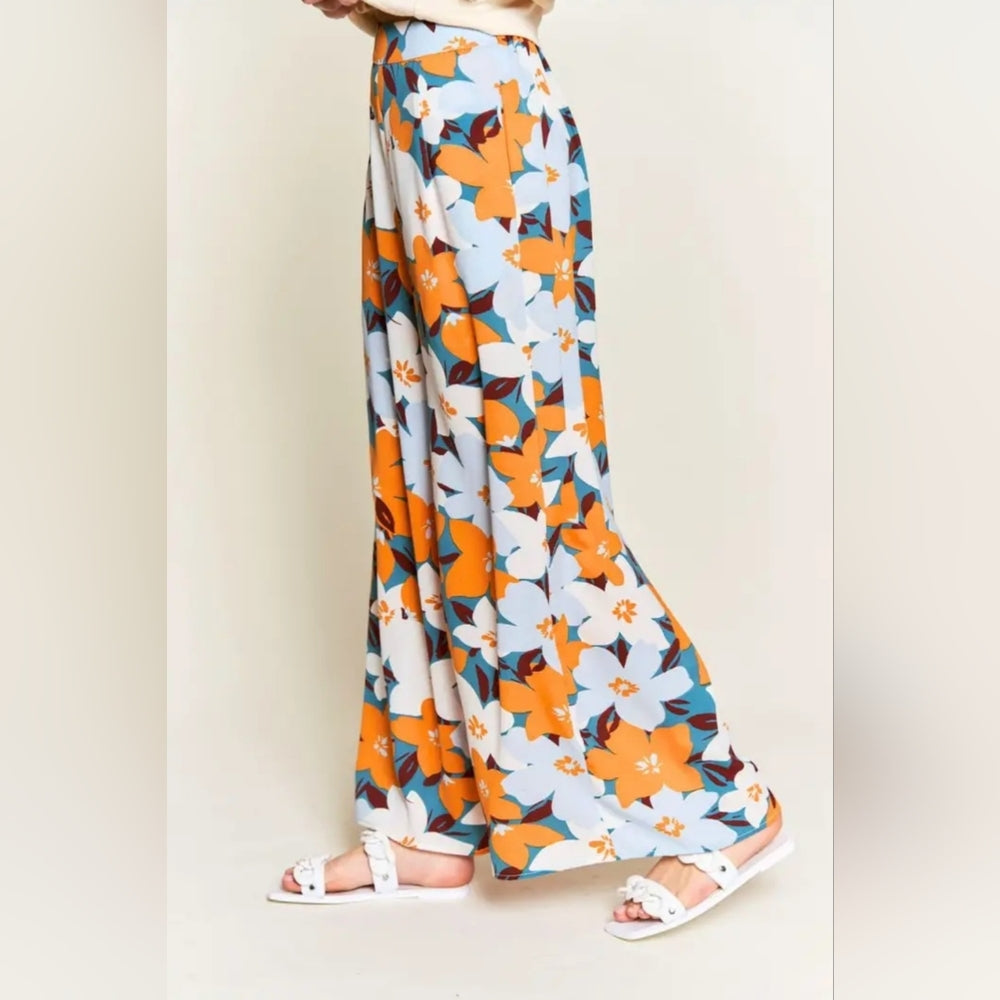 Orange Floral Print Polazzo Summer Pants