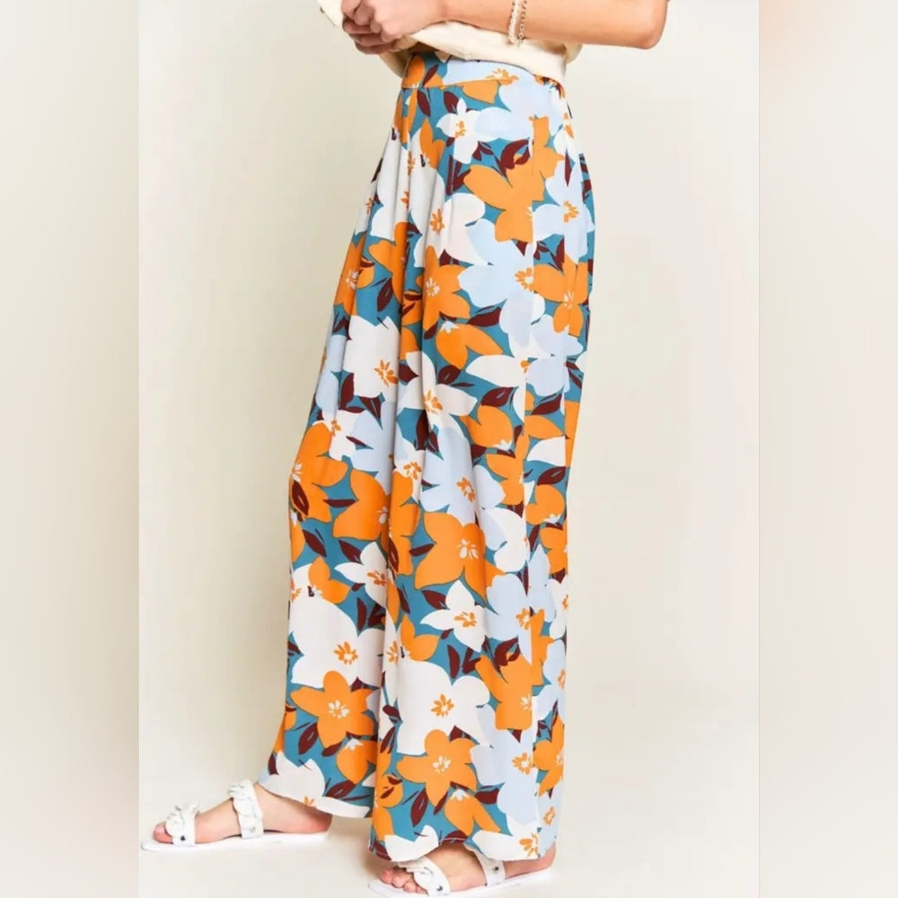 Orange Floral Print Polazzo Summer Pants