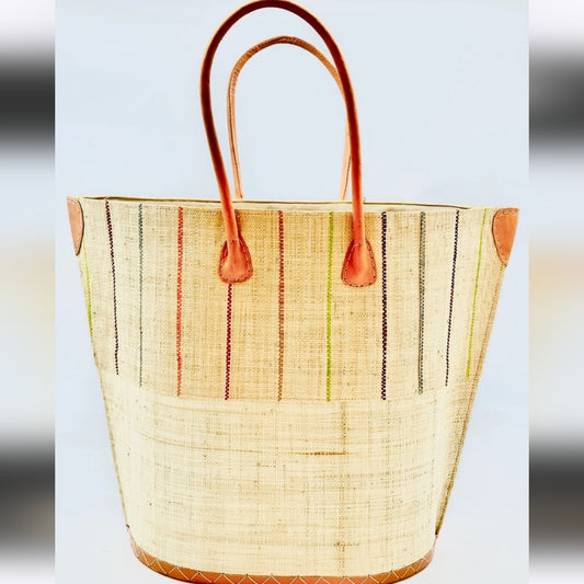 Two Tone Pinstripes Large Straw Tote Bag