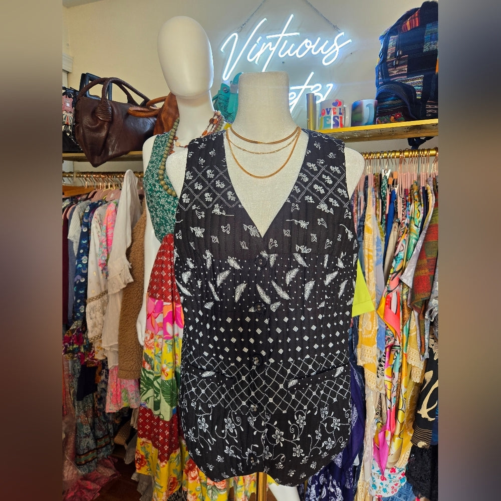 Boho black white feather floral patchwork quilt stitch vest
