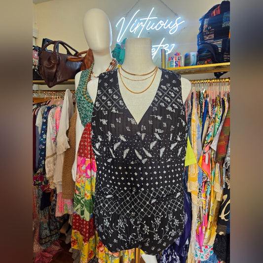 Boho black white feather floral patchwork quilt stitch vest