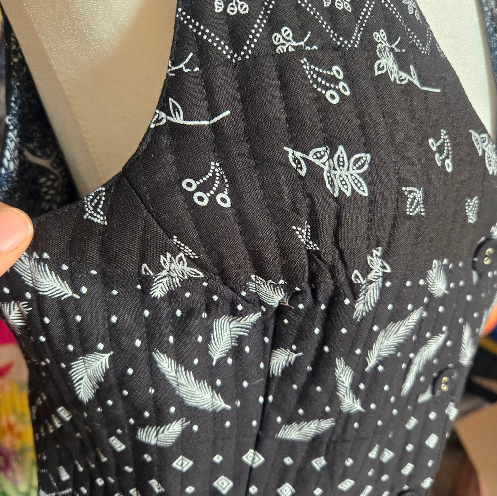 Boho black white feather floral patchwork quilt stitch vest