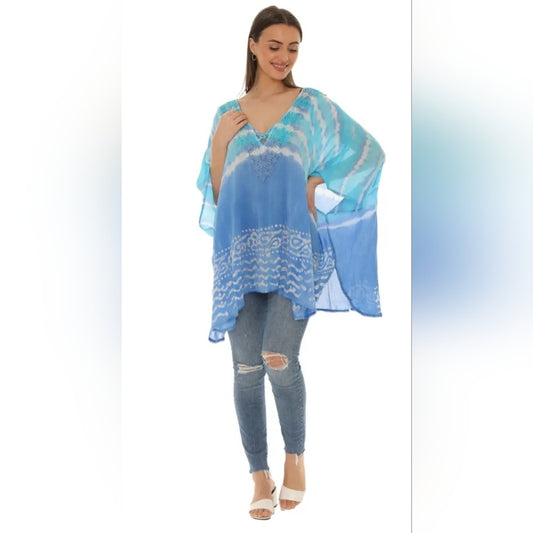 Blue Sheer Swim Coverup with Intricate Embroidery