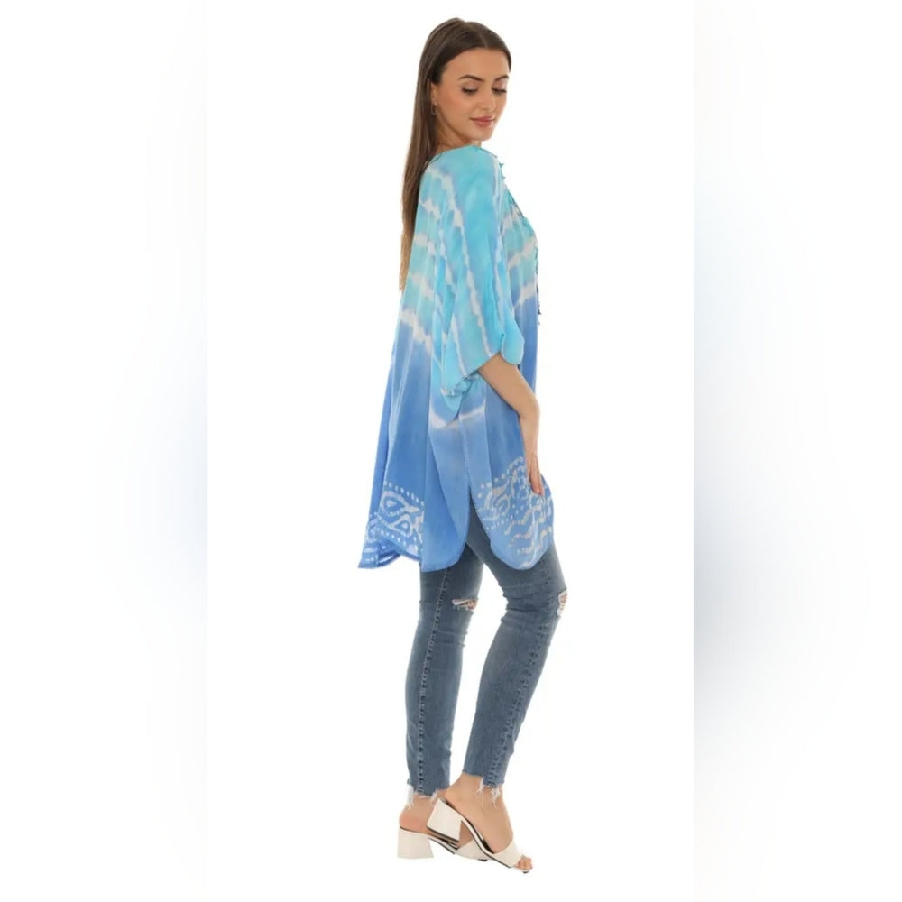 Blue Sheer Swim Coverup with Intricate Embroidery