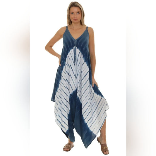 Blue and White Tie-Dye Harem Jumpsuit
